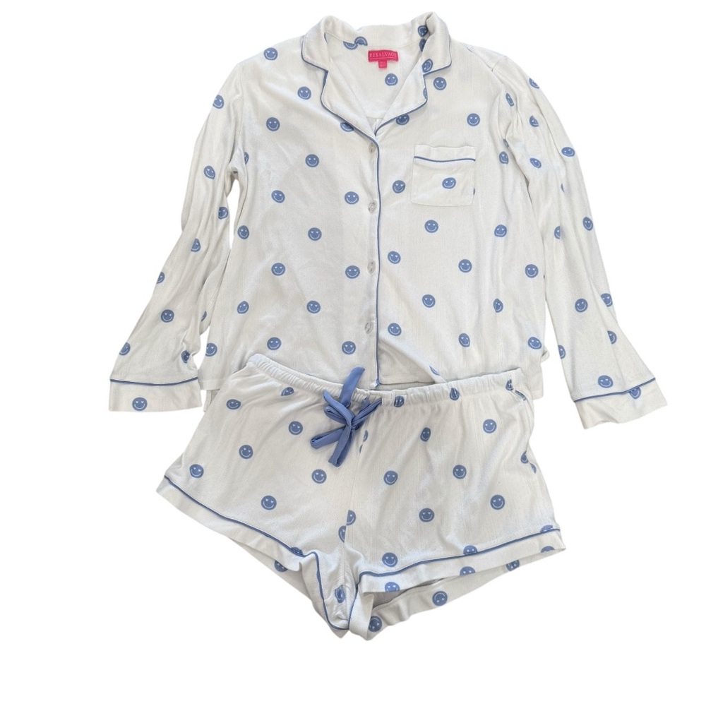 P.J. Salvage XL Smiley Face Pajama Set White Blue Button Down Top Shorts Lounge